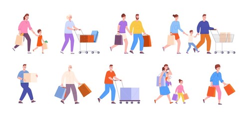 Family shoppers. Happy consumers shopping, purchases in supermarket or mall market, mom and dad with kids holding bag sale card, couple running cart, vector illustration
