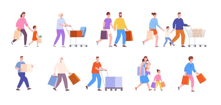 Family Shoppers. Happy Consumers Shopping, Purchases In Supermarket Or Mall Market, Mom And Dad With Kids Holding Bag Sale Card, Couple Running Cart, Vector Illustration