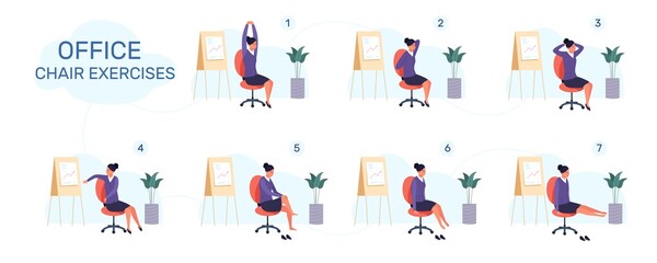 Workout office chair. Yoga stretch excercice, sitting exercises break business work, businesswoman posture fitness meditation, stretching flexible back, garish vector illustration