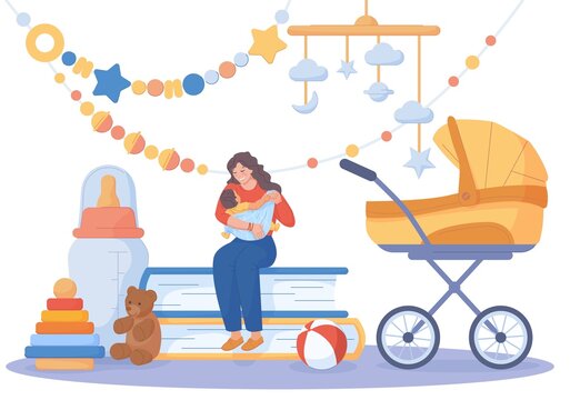 Nanny For Infant. Parental Babysitter Hands Carriage Baby Buggy, Education Young Parent, Home Nursery Room Sitter Kid Family Childcare, Early Babysitting Swanky Vector Illustration