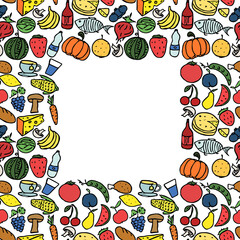 Seamless food pattern. Doodle pattern with food icons and place for text. Food background