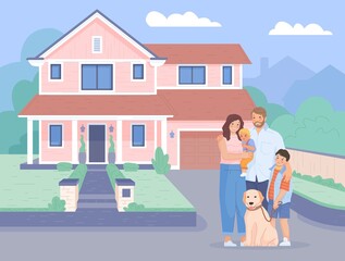 Family outside house. Buying renovation house, new home estate father mother children with dog, outdoor front building, relocation happy life buyer construction, vector illustration
