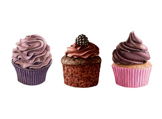 Set of watercolor cupcakes with chocolate cream isolated on white background.
