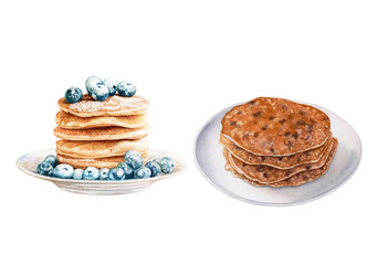 Watercolor pancakes with blueberry, pancakes with chocolate on a plate isolated on white background.