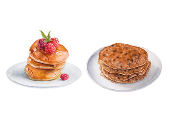 Watercolor pancakes with raspbery, pancakes with chocolate isolated on white background.