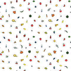 Seamless pattern with food icons. Colored doodle food pattern. Food background