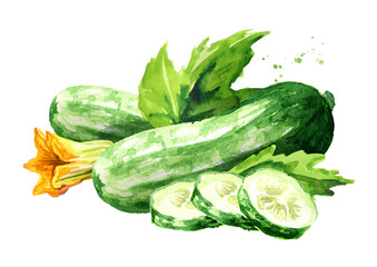 Green whole and cut  Cucumber with flower and leaves, Watercolor hand drawn illustration, isolated on white background