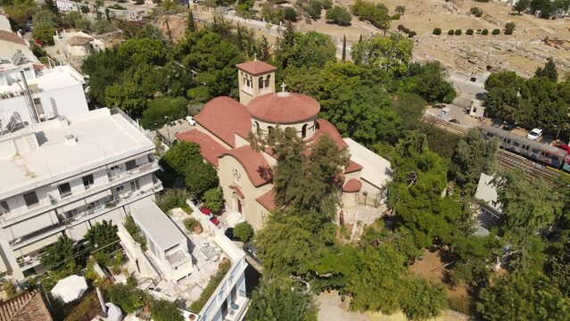 Holy Church of Saint Athanasios in Thissio Neighborhood of Athens, Greece, Drone Aerial View