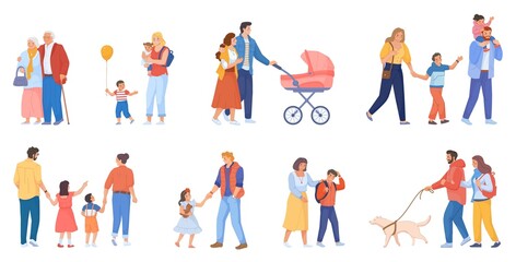 Fototapeta na wymiar Family walk with stroller. Parents walking with adult children and dog, father strolling baby pram boy enfant, parent mother stroll simple kid together, swanky vector illustration