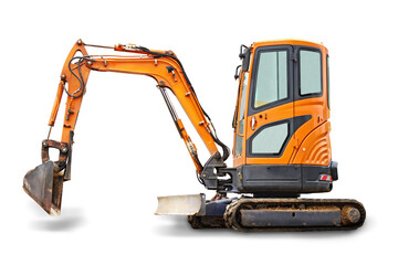 Small or mini excavator with clipping path isolated on white background. Construction equipment. isolated object. - obrazy, fototapety, plakaty