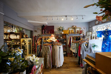 Interior Of Charity Shop Or Thrift Store Selling Used And Sustainable Clothing And Household Goods