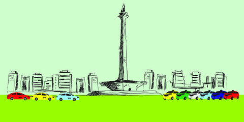 Free hand sketch vector illustration Bus, Taxi, Microlet, Jakarta city public transportation and the Indonesian National Monument (Monas), Jakarta,Indonsia