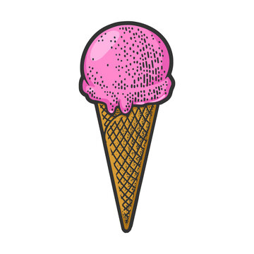 ice cream cone color sketch engraving raster illustration. T-shirt apparel print design. Scratch board imitation. Black and white hand drawn image.
