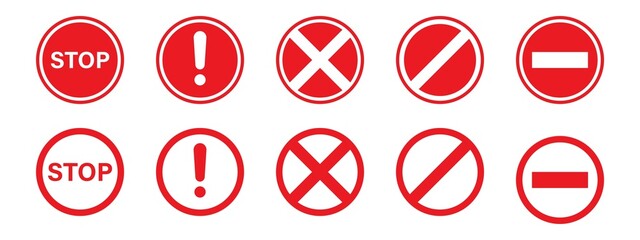 Set of stop red sign icon. Stop, there is no way. Warning stop sign. The path is blocked. Vector illustration.