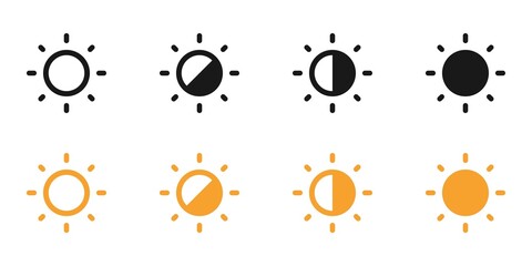 Set of linear suns. Screen modes icons set. Simple sun buttons. Screen brightness and contrast level control icons. Vector illustration.