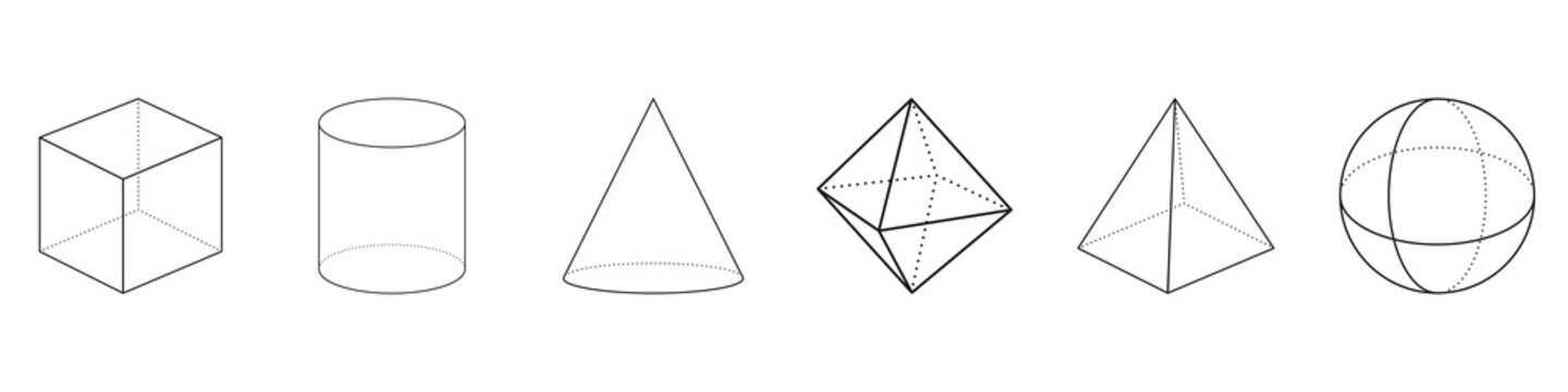 Set of different 3D geometric shapes. Cube, pyramid, sphere, cylinder, cone, rombe, isolated on white background. Vector illustration.