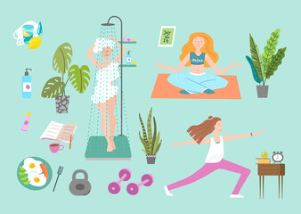 Obraz na płótnie Canvas Morning routine set. Colorful vector illustration