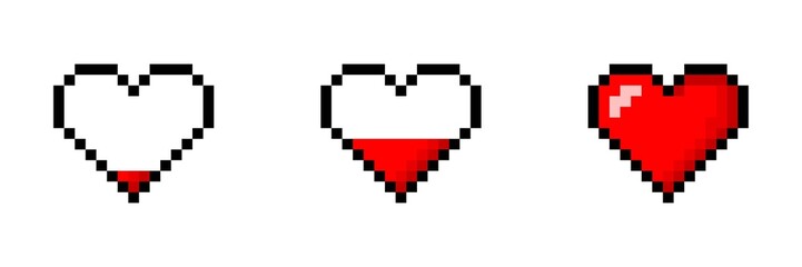 Obraz premium Pixel heart set. Love and video game concept. Pixel game life bar. Vector art 8 bit health heart bar. Gaming controller, symbols set.