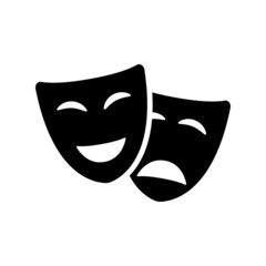 Comedy and drama face mask black icon. Happy and sad mood. Flat isolated illustration. Vector illustration.