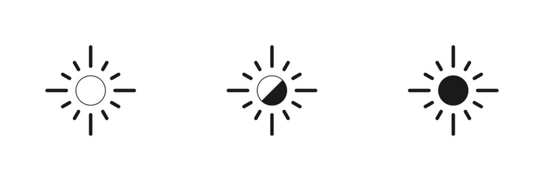 Set of linear suns. Dark and light theme toggle. Screen modes icons set. Screen brightness and contrast level control icons. Vector illustration.