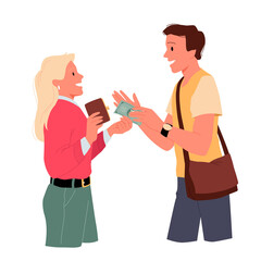 Woman giving money to man vector illustration. Cartoon young female character holding wallet and currency to give to guy, people talking isolated on white. Financial family support, gift concept