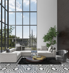 Illustration 3D rendering large luxury modern bright interiors Living room mockup computer digitally generated image
