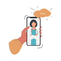 A cartoon flat human hand holding a smartphone with a video call to a female doctor on the screen, using a mobile app for advice or counselling, isolated on a white background.