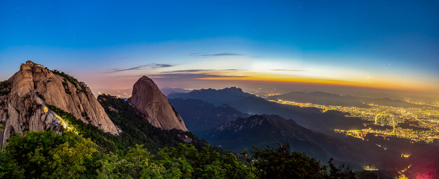 Sunrise Baegundae peak, Bukhansan National park mountain at the morning in Seoul , South Korea.