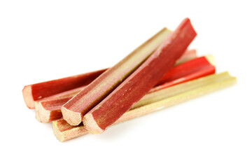 Sour rhubarb stalk, vitamin vegetable isolated on white background.