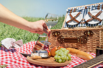 Closeup of picnic basket with drinks and food on the grass. male hand holding wine glass
