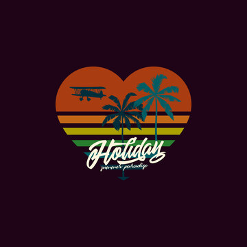 Original vector illustration. Palm trees and a plane on the background of a retro sunset in the shape of a heart in the style of the 80s. T-shirt design, design element.