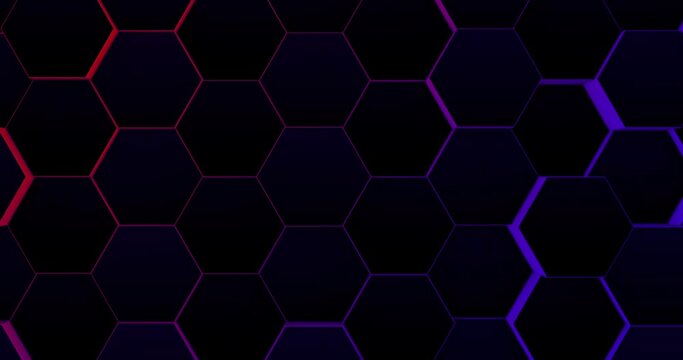 Wall of Random shifted neon honeycomb hexagon background metaverse, streaming concept.