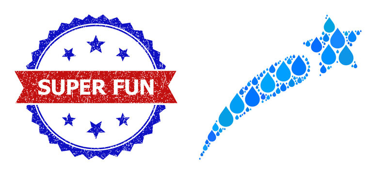 Vector mosaic petard star, and bicolor unclean Super Fun seal stamp. Petard star mosaic for pure beverage ads. Petard star is designed from blue clear liquid drops.