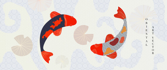 Luxury gold oriental style background vector. Chinese and Japanese oriental line art with koi carp fish, Japanese art pattern, lotus leaves. Elegant pond illustration design for wall art, wallpaper.