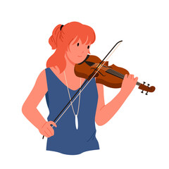 Pretty woman playing violin. Female violinist performing, professional orchestra musician, instrumental live show, solo concert, acoustic music presentation vector illustration