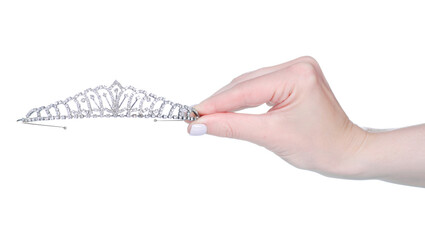White princess crown in hand on white background isolation
