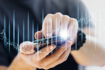 Business, finance and investment, forex trading, currency exchange, economic growth, stock market analysis concept. Man using mobile phone apps