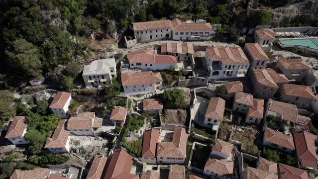 drone video of previous revealing shot over the village of Nje Muaj, Spile, Sen in Himare, on the Albanian coast, laSh8.
The shot ends with the entire town as the main stage, a church,