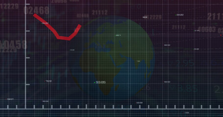 Image of financial data and graphs over globe rotating on black background