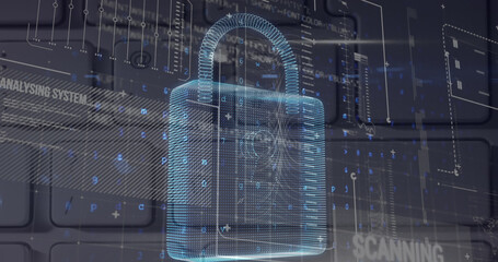 Image of security padlock and data processing over navy background