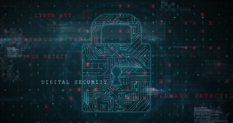 Image of security padlock and data processing over black background