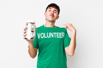 hispanic volunteer looking arrogant, successful, positive and proud. donations concept