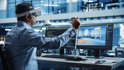 Automotive Engineer Using a VR Software to Work on Electric Motor and Vehicle Platform in Interactive Environment in a Factory Office. Industrial Engineer Using Headset and Controllers.