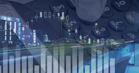 Image of financial data over hand of man with payment terminal and timelapse of traffic
