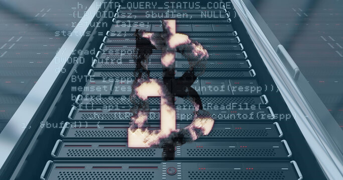 Image of bitcoin symbol over server room