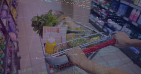 Image of data processing over caucasian man with trolley in shop