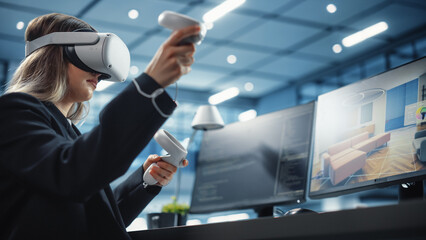 Industrial Software Developer Writing Code and Testing 3D Interior Design Interface. Engineer Editing and Moving Furniture while Wearing Virtual Reality Headset and Using Controllers. © Gorodenkoff