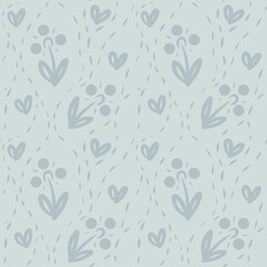 seamless pattern with flowers berries and hearts hand drawn doodle style.