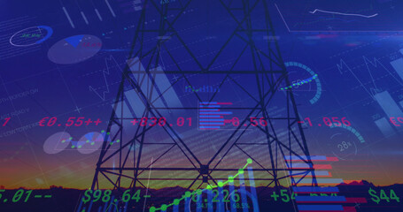 Financial data processing over high voltage tower against sunset sky
