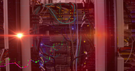 Composite image of bright spot of light and data processing against computer server room